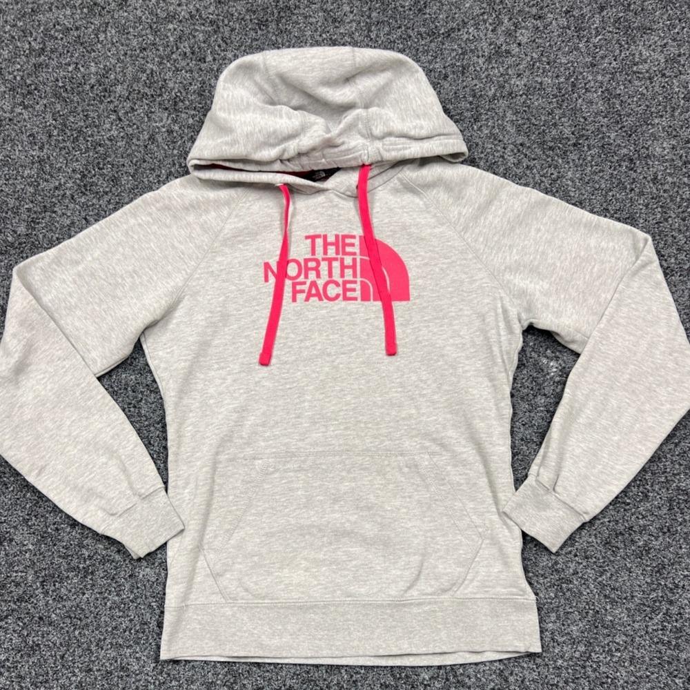 The North Face Hoodie Womens Medium Gray Pink Logo Pullover Sweatshirt Active